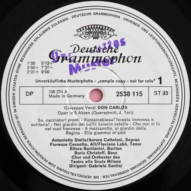ヴェルディ；ドン・カルロ〜ポケットスコア LP レコード 白レーベル/非売品 テストプレス クリストフ、ステッラ