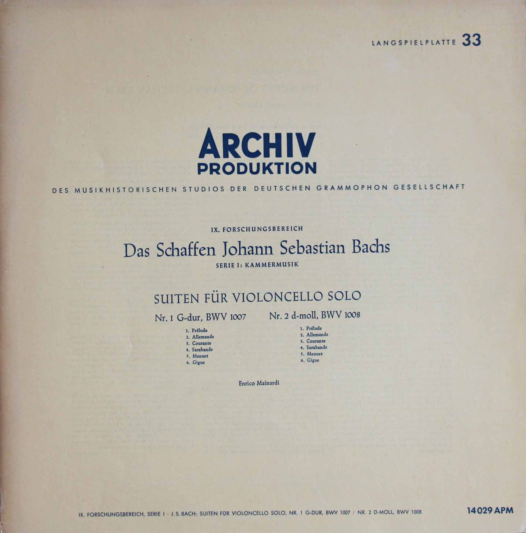 LP レコード マイナルディのバッハ/無伴奏チェロ組曲第1&2番 独ARCHIV 3803